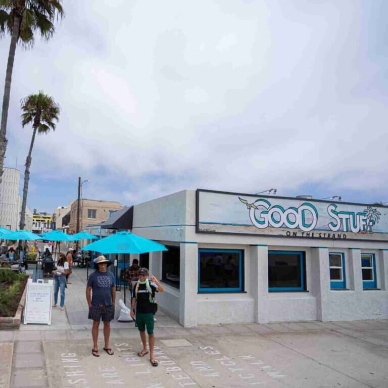 Aerial view of the Good Stuff Hermosa Beach patio on the Strand