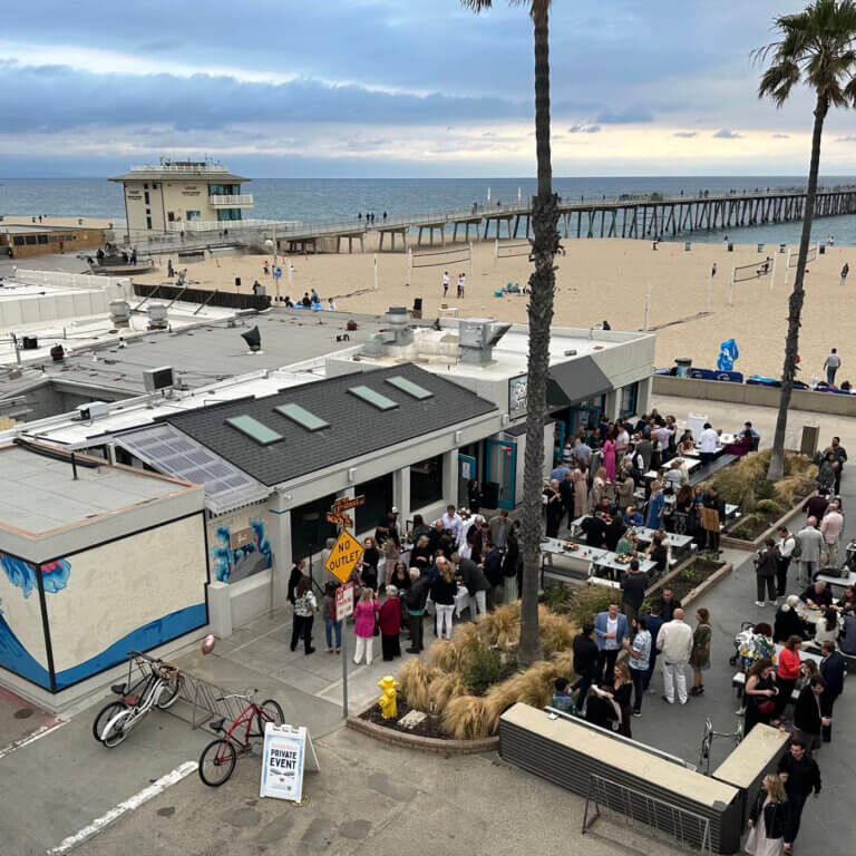 Aerial view of a wedding at Good Stuff Hermosa Beach