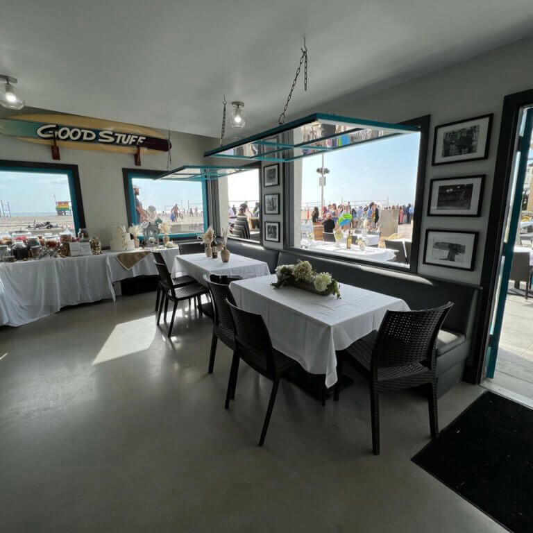 Reception tables set on the Hermosa Beach patio